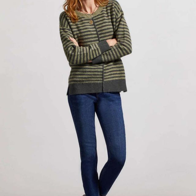 Tribal Women's Striped Crew Neck Sweater with Side Slits
