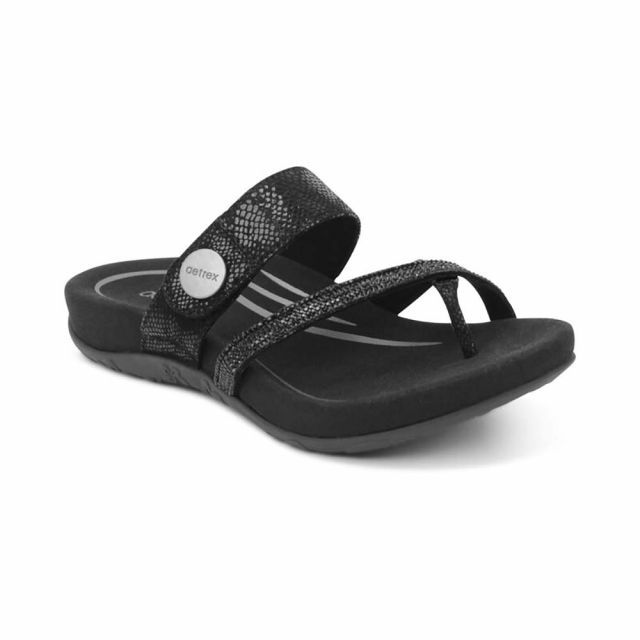 Aetrex Women's Izzy Adjustable Slide Sandal - Black Sparkle