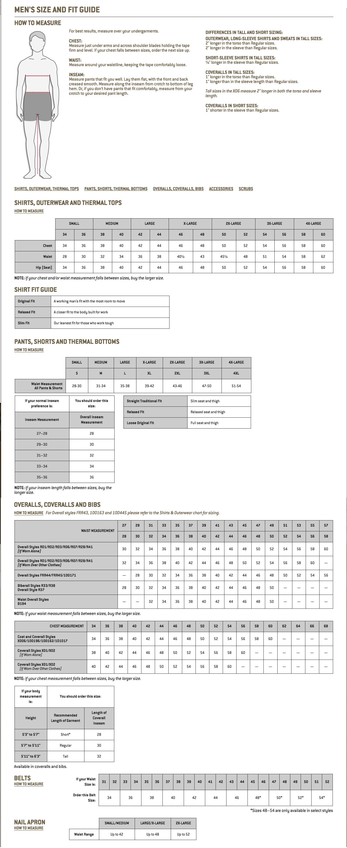 Men's Carhartt Size Chart