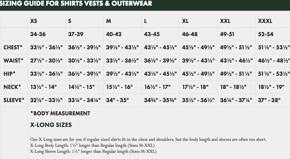 Filson Size Chart