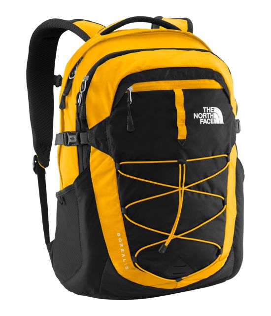 yellow and grey north face backpack