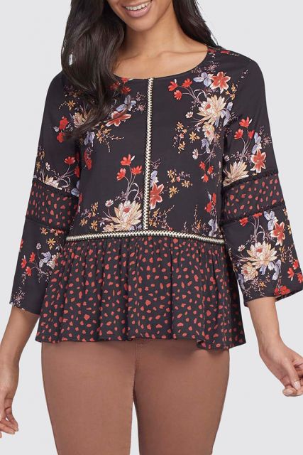 Tribal Women's 3/4 Sleeve Flowy Print Blouse W/ Trim Detail