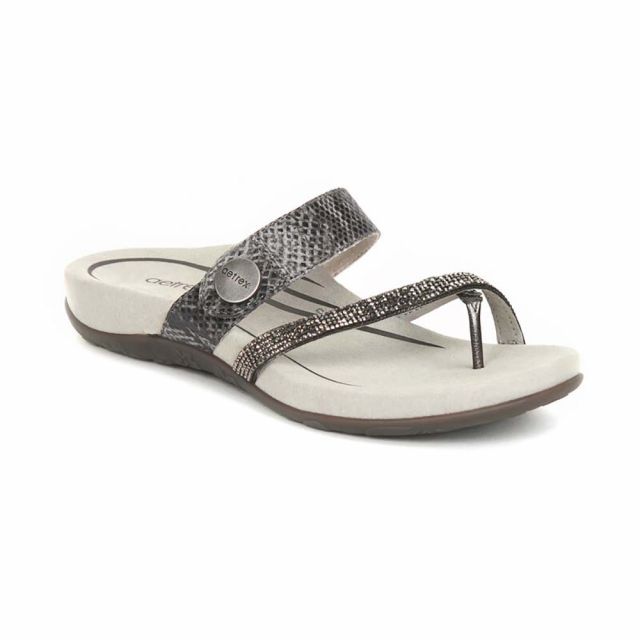 Aetrex Women's Izzy Adjustable Slide Sandal-     Pewter Sparkle