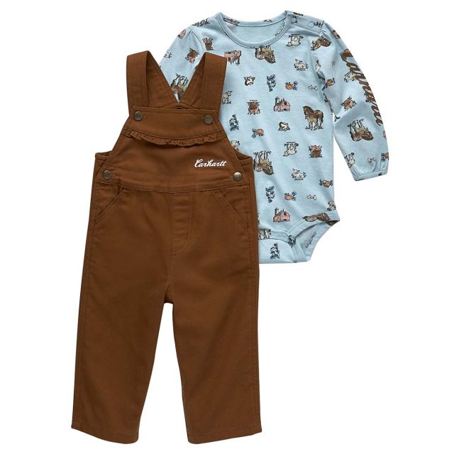 Carhartt Kid's Long-Sleeve Print Bodysuit & Canvas Overall Set