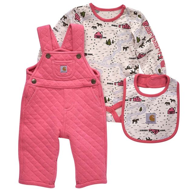 Carhartt Kids' Long Sleeve Bodysuit, Overall & Bib 3 PC Set