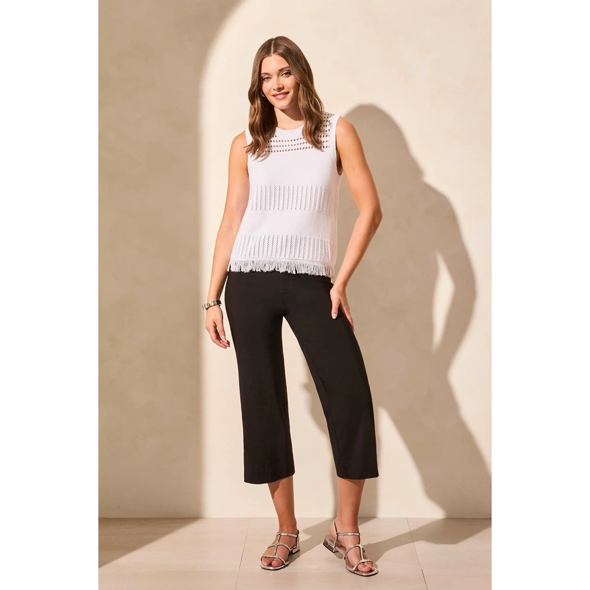 Tribal Women's Sleeveless Fringe-Hem Crew Neck Sweater