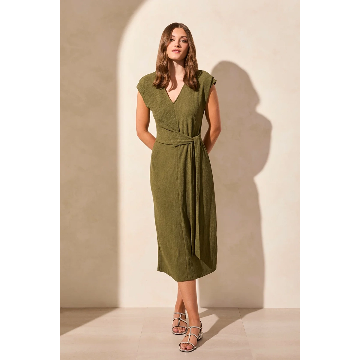 Tribal Women's Textured Short-Sleeve Midi Dress With Front Tie
