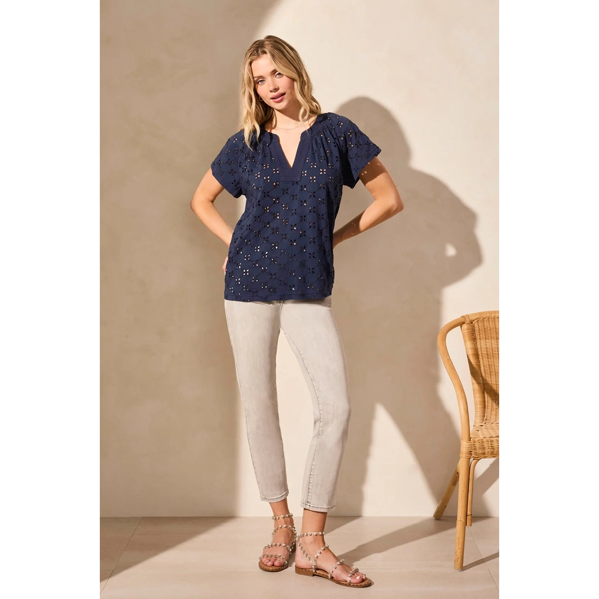 Tribal Women's Embroidered Eyelet Short-Sleeve Notch Neck Top