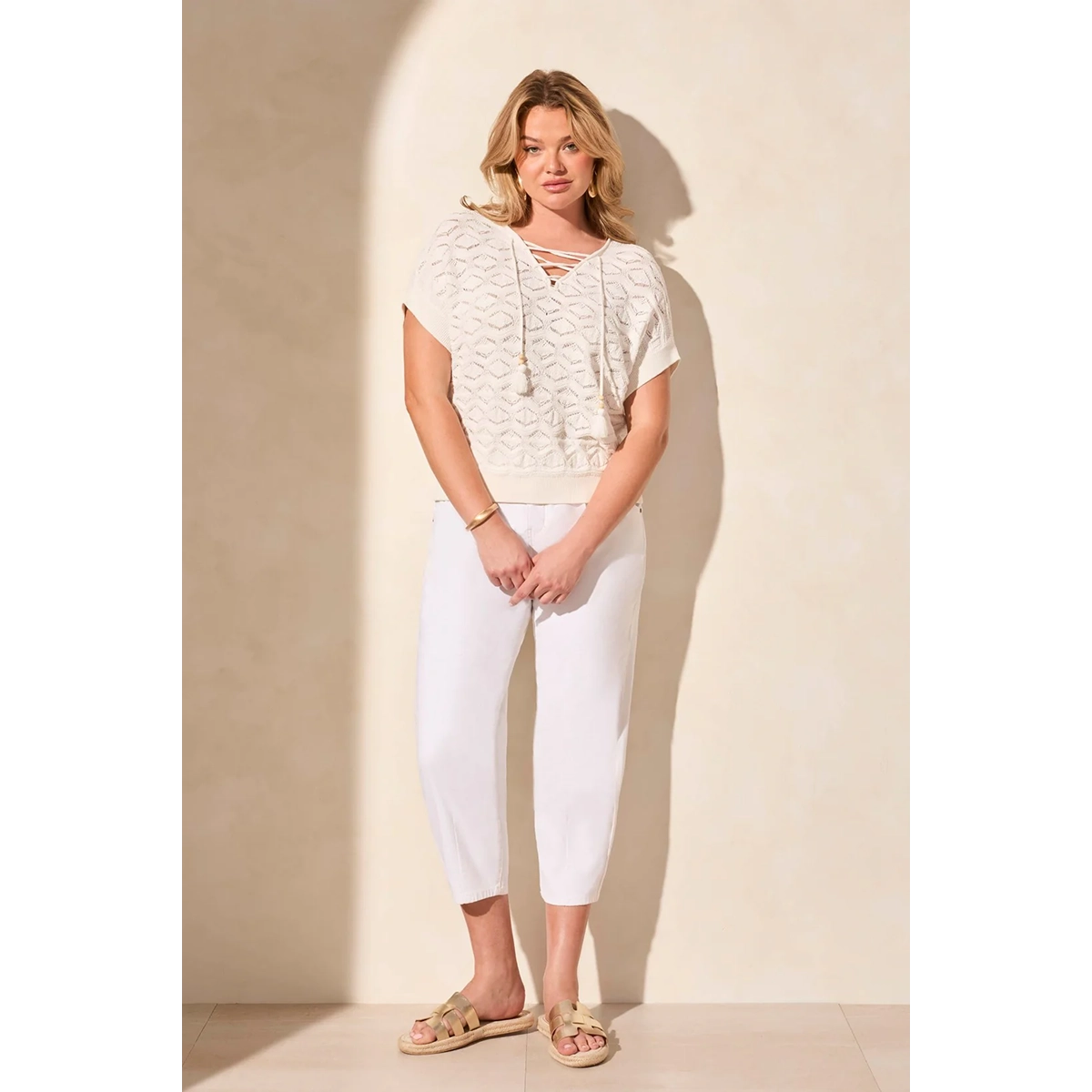 Tribal Women's Sleeveless V-Neck Sweater with Bead-Accent Ties