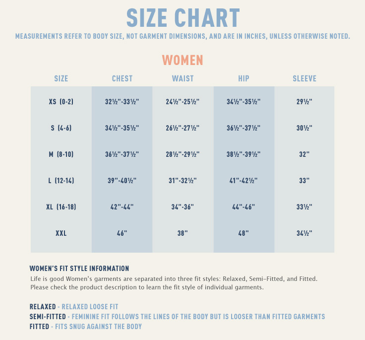 Life is Good Size Chart